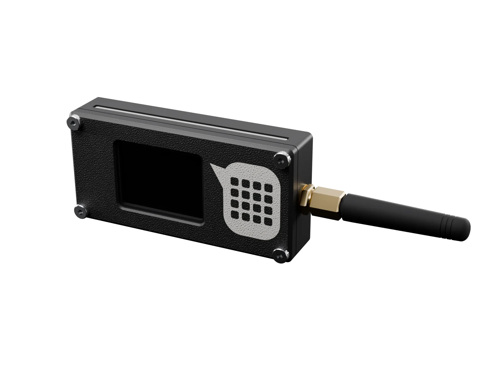 Die OffGrid-Antenne: schwarzes Gehäuse mit Display und OffGrid-Logo, seitlich ein SMA-Stecker mit kurzer Gummiantenne.